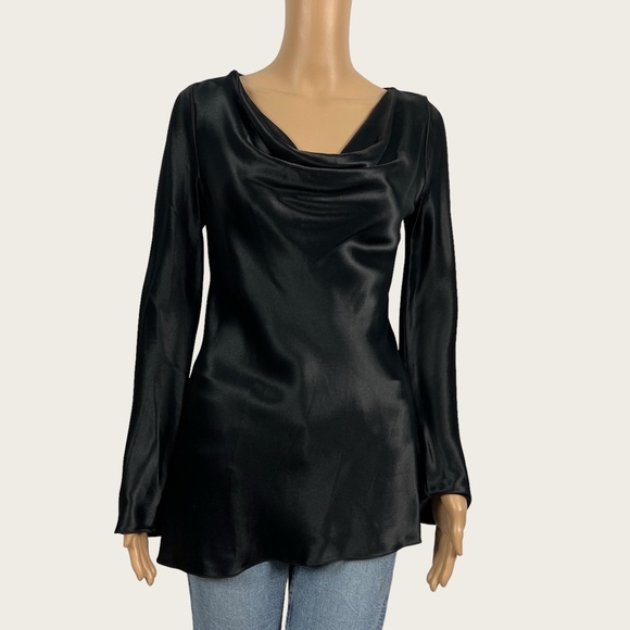 Ellen Tracy Tops - Ellen Tracy Black Satin Cowl Neck Elegant Bell Sleeves Tunic Blouse Festive 22
